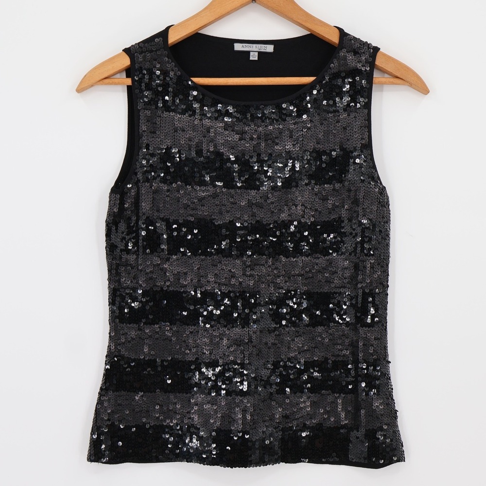 Anne Klein Sequin Knit Tank Top Womens Cocktail Holiday Party Black Glam Size XS